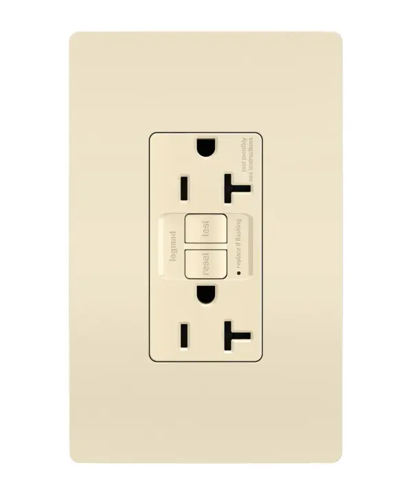 GFCI receptacles from the radiant Collection self-test automatically every three seconds to ensure reliable protection from shock due to ground fault occurrences. Meeting National Electrical Code requirements for ground fault protection, GFCI receptacles make it easier to recognize and fix trips right where they happen €" no more confusion at the breaker box. 20A outlets are ideal for use with larger appliances and in commercial settings, as well as to meet regional requirements (Chicago, Canada).GFCI protection is required by code in bathrooms, kitchens, garages, basements, outdoor areas, and for any other outlets found within six feet of a sink or water source. GFCI outlets should always be used when replacing existing GFCI outlets during renovation.Made exclusively for use with screwless Wall Plates from the radiant Collection, sold separately.Spec-Grade devices are engineered to meet federal specifications for use in commercial installations. Collection: radiant Finish: Light Almond Width: 1.73" Height: 4.20" Length: 1.13" Weight: 0.25 lb Country of Origin: China