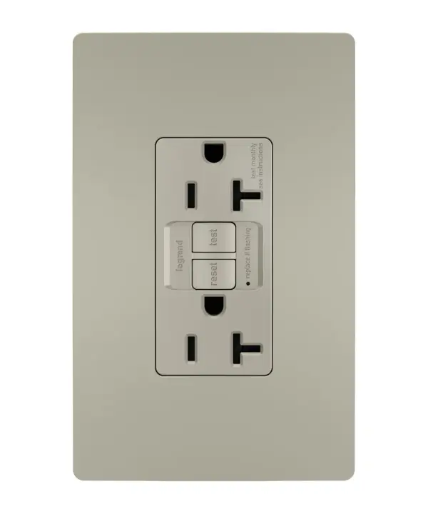 GFCI receptacles from the radiant Collection self-test automatically every three seconds to ensure reliable protection from shock due to ground fault occurrences. Meeting National Electrical Code requirements for ground fault protection, GFCI receptacles make it easier to recognize and fix trips right where they happen €" no more confusion at the breaker box. 20A outlets are ideal for use with larger appliances and in commercial settings, as well as to meet regional requirements (Chicago, Canada).GFCI protection is required by code in bathrooms, kitchens, garages, basements, outdoor areas, and for any other outlets found within six feet of a sink or water source. GFCI outlets should always be used when replacing existing GFCI outlets during renovation.Made exclusively for use with screwless Wall Plates from the radiant Collection, sold separately.Spec-Grade devices are engineered to meet federal specifications for use in commercial installations. Collection: radiant Finish: Nickel Width: 1.73" Height: 4.20" Length: 1.13" Weight: 0.27 lb Country of Origin: China