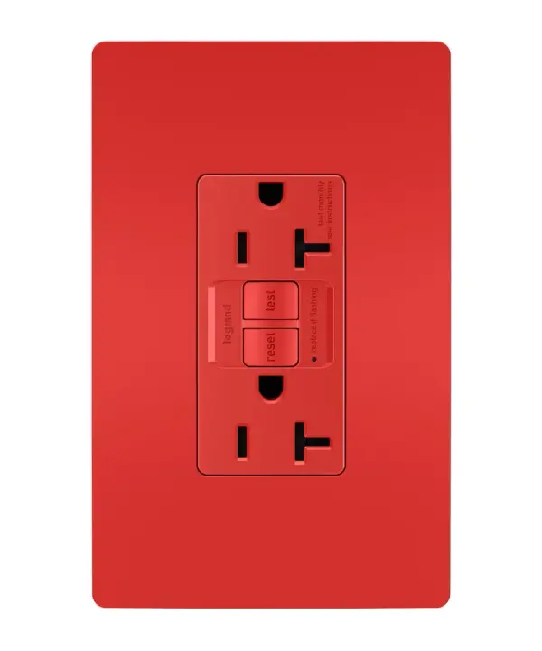 GFCI receptacles from the radiant Collection self-test automatically every three seconds to ensure reliable protection from shock due to ground fault occurrences. Meeting National Electrical Code requirements for ground fault protection, GFCI receptacles make it easier to recognize and fix trips right where they happen €" no more confusion at the breaker box. 20A outlets are ideal for use with larger appliances and in commercial settings, as well as to meet regional requirements (Chicago, Canada).GFCI protection is required by code in bathrooms, kitchens, garages, basements, outdoor areas, and for any other outlets found within six feet of a sink or water source. GFCI outlets should always be used when replacing existing GFCI outlets during renovation.Made exclusively for use with screwless Wall Plates from the radiant Collection, sold separately.Spec-Grade devices are engineered to meet federal specifications for use in commercial installations. Collection: radiant Finish: Red Width: 1.73" Height: 4.20" Length: 1.13" Weight: 0.25 lb Country of Origin: China
