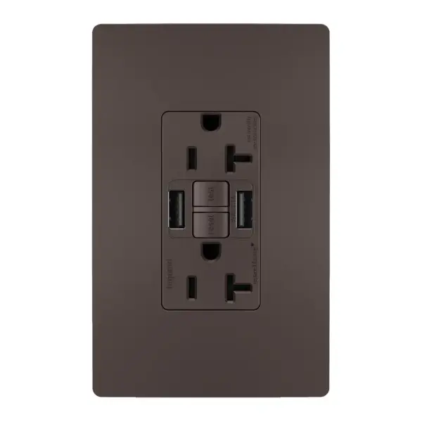 Enjoy superior safety and the convenience of built-in USB charging, in a first-of-its-kind outlet! Perfect for adding modern connectivity anywhere, including areas of the home where ground fault protection is required (kitchens, bathrooms, laundry rooms, etc). This outlet makes it easy to see and reset electrical trips right where they happen, while also providing two USB connections for keeping phones or tablets charged, no bulky adapter required.Made exclusively for use with screwless Wall Plates from the radiant Collection, sold separately. Collection: radiant Finish: Brown Width: 1.73" Height: 4.20" Length: 1.03" Weight: 0.30 lb Country of Origin: China