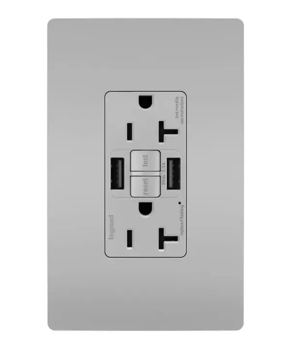 Enjoy superior safety and the convenience of built-in USB charging, in a first-of-its-kind outlet! Perfect for adding modern connectivity anywhere, including areas of the home where ground fault protection is required (kitchens, bathrooms, laundry rooms, etc). This outlet makes it easy to see and reset electrical trips right where they happen, while also providing two USB connections for keeping phones or tablets charged, no bulky adapter required.Made exclusively for use with screwless Wall Plates from the radiant Collection, sold separately. Collection: radiant Finish: Gray Width: 1.73" Height: 4.20" Length: 1.03" Weight: 0.30 lb Country of Origin: China