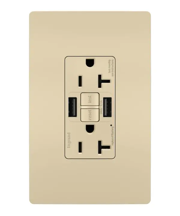 Enjoy superior safety and the convenience of built-in USB charging, in a first-of-its-kind outlet! Perfect for adding modern connectivity anywhere, including areas of the home where ground fault protection is required (kitchens, bathrooms, laundry rooms, etc). This outlet makes it easy to see and reset electrical trips right where they happen, while also providing two USB connections for keeping phones or tablets charged, no bulky adapter required.Made exclusively for use with screwless Wall Plates from the radiant Collection, sold separately. Collection: radiant Finish: Ivory Width: 1.73" Height: 4.20" Length: 1.03" Weight: 0.30 lb Country of Origin: China