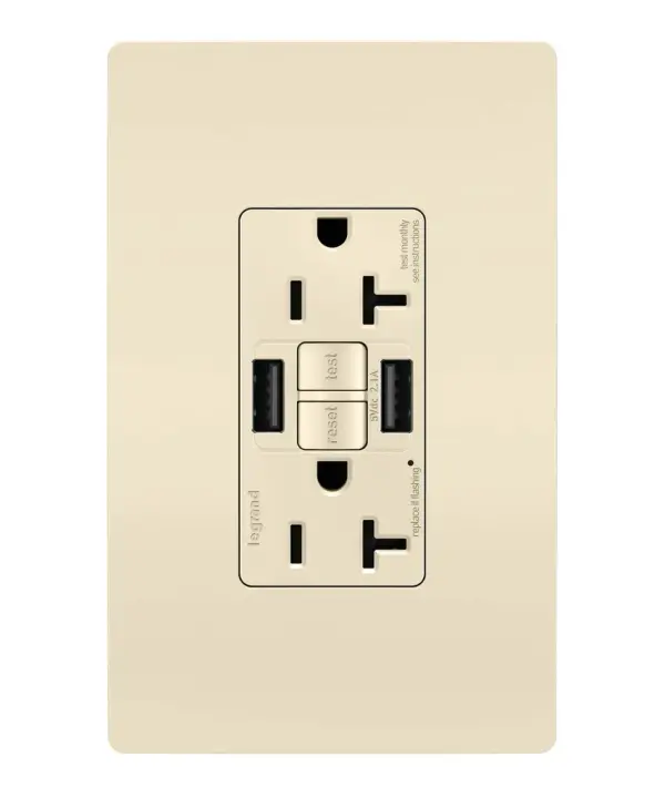 Enjoy superior safety and the convenience of built-in USB charging, in a first-of-its-kind outlet! Perfect for adding modern connectivity anywhere, including areas of the home where ground fault protection is required (kitchens, bathrooms, laundry rooms, etc). This outlet makes it easy to see and reset electrical trips right where they happen, while also providing two USB connections for keeping phones or tablets charged, no bulky adapter required.Made exclusively for use with screwless Wall Plates from the radiant Collection, sold separately. Collection: radiant Finish: Light Almond Width: 1.73" Height: 4.20" Length: 1.03" Weight: 0.30 lb Country of Origin: China