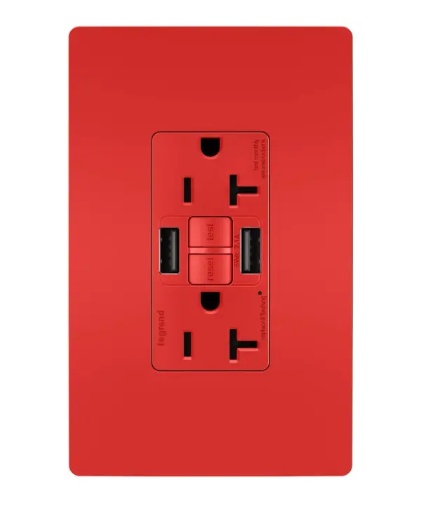 Enjoy superior safety and the convenience of built-in USB charging, in a first-of-its-kind outlet! Perfect for adding modern connectivity anywhere, including areas of the home where ground fault protection is required (kitchens, bathrooms, laundry rooms, etc). This outlet makes it easy to see and reset electrical trips right where they happen, while also providing two USB connections for keeping phones or tablets charged, no bulky adapter required.Made exclusively for use with screwless Wall Plates from the radiant Collection, sold separately. Collection: radiant Finish: Red Width: 1.73" Height: 4.20" Length: 1.03" Weight: 0.30 lb Country of Origin: China
