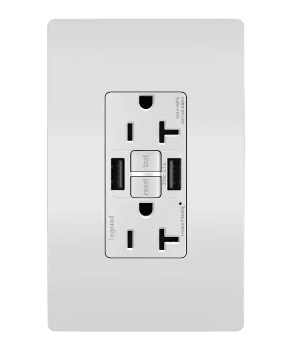 Enjoy superior safety and the convenience of built-in USB charging, in a first-of-its-kind outlet! Perfect for adding modern connectivity anywhere, including areas of the home where ground fault protection is required (kitchens, bathrooms, laundry rooms, etc). This outlet makes it easy to see and reset electrical trips right where they happen, while also providing two USB connections for keeping phones or tablets charged, no bulky adapter required.Made exclusively for use with screwless Wall Plates from the radiant Collection, sold separately. Collection: radiant Finish: White Width: 1.73" Height: 4.20" Length: 1.03" Weight: 0.30 lb Country of Origin: China