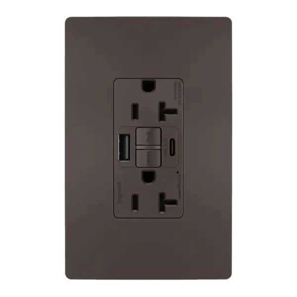 Enjoy superior safety and the convenience of built-in USB charging, in a first-of-its-kind outlet! Perfect for adding modern connectivity anywhere, including areas of the home where ground fault protection is required (kitchens, bathrooms, laundry rooms, etc). This outlet makes it easy to see and reset electrical trips right where they happen, while also providing two USB connections for keeping phones or tablets charged, no bulky adapter required.Made exclusively for use with screwless Wall Plates from the radiant Collection, sold separately. Collection: radiant Finish: Brown Width: 1.73" Height: 4.20" Length: 1.03" Weight: 0.30 lb Country of Origin: China