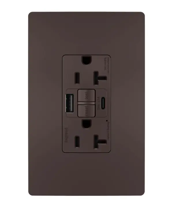 Enjoy superior safety and the convenience of built-in USB charging, in a first-of-its-kind outlet! Perfect for adding modern connectivity anywhere, including areas of the home where ground fault protection is required (kitchens, bathrooms, laundry rooms, etc). This outlet makes it easy to see and reset electrical trips right where they happen, while also providing two USB connections for keeping phones or tablets charged, no bulky adapter required.Made exclusively for use with screwless Wall Plates from the radiant Collection, sold separately. Collection: radiant Finish: Dark Bronze Width: 1.73" Height: 4.20" Length: 1.03" Weight: 0.30 lb Country of Origin: China