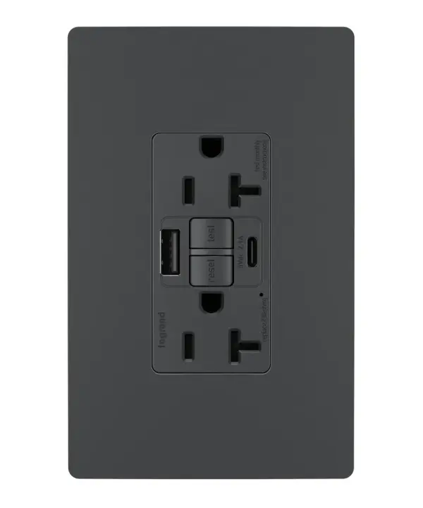 Enjoy superior safety and the convenience of built-in USB charging, in a first-of-its-kind outlet! Perfect for adding modern connectivity anywhere, including areas of the home where ground fault protection is required (kitchens, bathrooms, laundry rooms, etc). This outlet makes it easy to see and reset electrical trips right where they happen, while also providing two USB connections for keeping phones or tablets charged, no bulky adapter required.Made exclusively for use with screwless Wall Plates from the radiant Collection, sold separately. Collection: radiant Finish: Graphite Width: 1.73" Height: 4.20" Length: 1.03" Weight: 0.30 lb Country of Origin: China