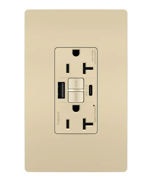 Enjoy superior safety and the convenience of built-in USB charging, in a first-of-its-kind outlet! Perfect for adding modern connectivity anywhere, including areas of the home where ground fault protection is required (kitchens, bathrooms, laundry rooms, etc). This outlet makes it easy to see and reset electrical trips right where they happen, while also providing two USB connections for keeping phones or tablets charged, no bulky adapter required.Made exclusively for use with screwless Wall Plates from the radiant Collection, sold separately. Collection: radiant Finish: Ivory Width: 1.73" Height: 4.20" Length: 1.03" Weight: 0.30 lb Country of Origin: China