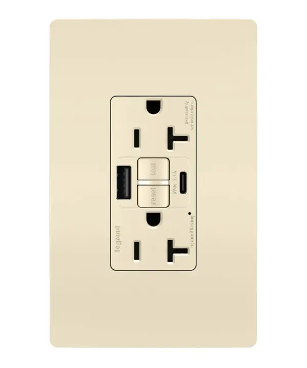 Enjoy superior safety and the convenience of built-in USB charging, in a first-of-its-kind outlet! Perfect for adding modern connectivity anywhere, including areas of the home where ground fault protection is required (kitchens, bathrooms, laundry rooms, etc). This outlet makes it easy to see and reset electrical trips right where they happen, while also providing two USB connections for keeping phones or tablets charged, no bulky adapter required.Made exclusively for use with screwless Wall Plates from the radiant Collection, sold separately. Collection: radiant Finish: Light Almond Width: 1.73" Height: 4.20" Length: 1.03" Weight: 0.30 lb Country of Origin: China