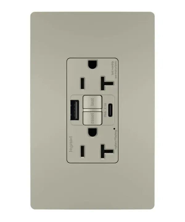 Enjoy superior safety and the convenience of built-in USB charging, in a first-of-its-kind outlet! Perfect for adding modern connectivity anywhere, including areas of the home where ground fault protection is required (kitchens, bathrooms, laundry rooms, etc). This outlet makes it easy to see and reset electrical trips right where they happen, while also providing two USB connections for keeping phones or tablets charged, no bulky adapter required.Made exclusively for use with screwless Wall Plates from the radiant Collection, sold separately. Collection: radiant Finish: Nickel Width: 1.73" Height: 4.20" Length: 1.03" Weight: 0.30 lb Country of Origin: China