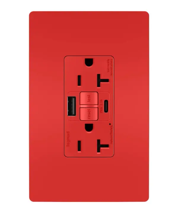 Enjoy superior safety and the convenience of built-in USB charging, in a first-of-its-kind outlet! Perfect for adding modern connectivity anywhere, including areas of the home where ground fault protection is required (kitchens, bathrooms, laundry rooms, etc). This outlet makes it easy to see and reset electrical trips right where they happen, while also providing two USB connections for keeping phones or tablets charged, no bulky adapter required.Made exclusively for use with screwless Wall Plates from the radiant Collection, sold separately. Collection: radiant Finish: Red Width: 1.73" Height: 4.20" Length: 1.03" Weight: 0.30 lb Country of Origin: China