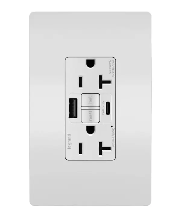 Enjoy superior safety and the convenience of built-in USB charging, in a first-of-its-kind outlet! Perfect for adding modern connectivity anywhere, including areas of the home where ground fault protection is required (kitchens, bathrooms, laundry rooms, etc). This outlet makes it easy to see and reset electrical trips right where they happen, while also providing two USB connections for keeping phones or tablets charged, no bulky adapter required.Made exclusively for use with screwless Wall Plates from the radiant Collection, sold separately. Collection: radiant Finish: White Width: 1.73" Height: 4.20" Length: 1.03" Weight: 0.30 lb Country of Origin: China