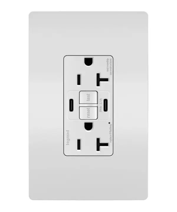 Enjoy superior safety and the convenience of built-in USB charging, in a first-of-its-kind outlet! Perfect for adding modern connectivity anywhere, including areas of the home where ground fault protection is required (kitchens, bathrooms, laundry rooms, etc). This outlet makes it easy to see and reset electrical trips right where they happen, while also providing two USB connections for keeping phones or tablets charged, no bulky adapter required.Made exclusively for use with screwless Wall Plates from the radiant Collection, sold separately. Collection: radiant Finish: White Width: 1.73" Height: 4.20" Length: 1.03" Weight: 0.30 lb Country of Origin: China