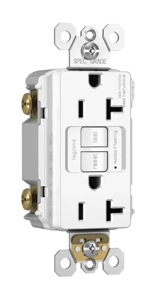 GFCI receptacles from the radiant Collection self-test automatically every three seconds to ensure reliable protection from shock due to ground fault occurrences. Meeting National Electrical Code requirements for ground fault protection, GFCI receptacles make it easier to recognize and fix trips right where they happen €" no more confusion at the breaker box. 20A outlets are ideal for use with larger appliances and in commercial settings, as well as to meet regional requirements (Chicago, Canada).GFCI protection is required by code in bathrooms, kitchens, garages, basements, outdoor areas, and for any other outlets found within six feet of a sink or water source. GFCI outlets should always be used when replacing existing GFCI outlets during renovation.Made exclusively for use with screwless Wall Plates from the radiant Collection, sold separately.Spec-Grade devices are engineered to meet federal specifications for use in commercial installations. Collection: radiant Finish: White Width: 1.73" Height: 4.20" Length: 1.13" Weight: 0.25 lb Country of Origin: China