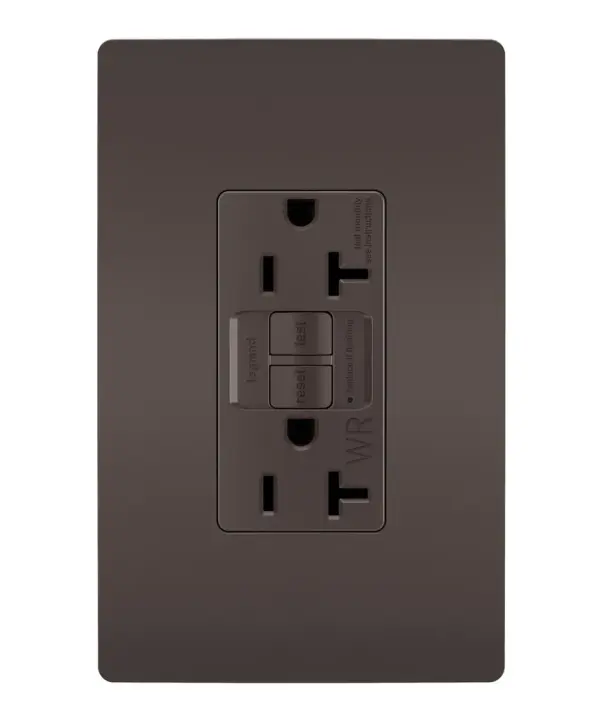 GFCI receptacles from the radiant Collection self-test automatically every three seconds to ensure reliable protection from shock due to ground fault occurrences. Meeting National Electrical Code requirements for ground fault protection, GFCI receptacles make it easier to recognize and fix trips right where they happen €" no more confusion at the breaker box. Also including tamper and weather resistance, this model was designed for use in outdoor spaces. Maximize safety, in style, with GFCI protection featuring the sleek, clean lines of radiant. 20A outlets are ideal for use with larger appliances and in commercial settings, as well as to meet regional requirements (Chicago, Canada).GFCI protection is required by code in bathrooms, kitchens, garages, basements, outdoor areas, and for any other outlets found within six feet of a sink or water source. GFCI outlets should always be used when replacing existing GFCI outlets during renovation.Made exclusively for use with screwless Wall Plates from the radiant Collection, sold separately. Spec-Grade devices are engineered to meet federal specifications for use in commercial installations. Collection: radiant Finish: Brown Width: 1.73" Height: 4.20" Length: 1.13" Weight: 0.25 lb Country of Origin: China