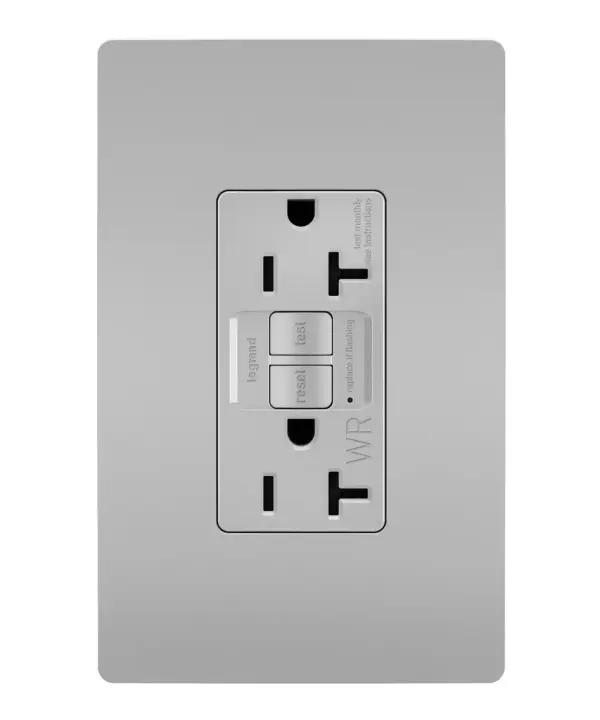 GFCI receptacles from the radiant Collection self-test automatically every three seconds to ensure reliable protection from shock due to ground fault occurrences. Meeting National Electrical Code requirements for ground fault protection, GFCI receptacles make it easier to recognize and fix trips right where they happen €" no more confusion at the breaker box. Also including tamper and weather resistance, this model was designed for use in outdoor spaces. Maximize safety, in style, with GFCI protection featuring the sleek, clean lines of radiant. 20A outlets are ideal for use with larger appliances and in commercial settings, as well as to meet regional requirements (Chicago, Canada).GFCI protection is required by code in bathrooms, kitchens, garages, basements, outdoor areas, and for any other outlets found within six feet of a sink or water source. GFCI outlets should always be used when replacing existing GFCI outlets during renovation.Made exclusively for use with screwless Wall Plates from the radiant Collection, sold separately. Spec-Grade devices are engineered to meet federal specifications for use in commercial installations. Collection: radiant Finish: Gray Width: 1.73" Height: 4.20" Length: 1.13" Weight: 0.25 lb Country of Origin: China
