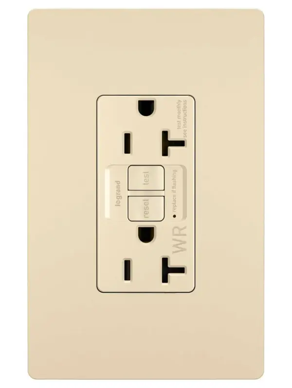 GFCI receptacles from the radiant Collection self-test automatically every three seconds to ensure reliable protection from shock due to ground fault occurrences. Meeting National Electrical Code requirements for ground fault protection, GFCI receptacles make it easier to recognize and fix trips right where they happen €" no more confusion at the breaker box. Also including tamper and weather resistance, this model was designed for use in outdoor spaces. Maximize safety, in style, with GFCI protection featuring the sleek, clean lines of radiant. 20A outlets are ideal for use with larger appliances and in commercial settings, as well as to meet regional requirements (Chicago, Canada).GFCI protection is required by code in bathrooms, kitchens, garages, basements, outdoor areas, and for any other outlets found within six feet of a sink or water source. GFCI outlets should always be used when replacing existing GFCI outlets during renovation.Made exclusively for use with screwless Wall Plates from the radiant Collection, sold separately. Spec-Grade devices are engineered to meet federal specifications for use in commercial installations. Collection: radiant Finish: Ivory Width: 1.73" Height: 4.20" Length: 1.13" Weight: 0.25 lb Country of Origin: China