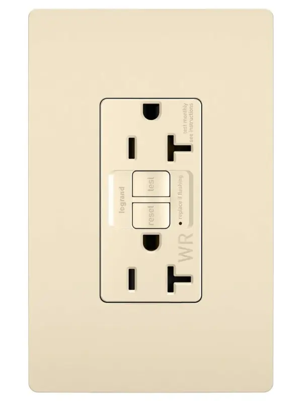 GFCI receptacles from the radiant Collection self-test automatically every three seconds to ensure reliable protection from shock due to ground fault occurrences. Meeting National Electrical Code requirements for ground fault protection, GFCI receptacles make it easier to recognize and fix trips right where they happen €" no more confusion at the breaker box. Also including tamper and weather resistance, this model was designed for use in outdoor spaces. Maximize safety, in style, with GFCI protection featuring the sleek, clean lines of radiant. 20A outlets are ideal for use with larger appliances and in commercial settings, as well as to meet regional requirements (Chicago, Canada).GFCI protection is required by code in bathrooms, kitchens, garages, basements, outdoor areas, and for any other outlets found within six feet of a sink or water source. GFCI outlets should always be used when replacing existing GFCI outlets during renovation.Made exclusively for use with screwless Wall Plates from the radiant Collection, sold separately. Spec-Grade devices are engineered to meet federal specifications for use in commercial installations. Collection: radiant Finish: Light Almond Width: 1.73" Height: 4.20" Length: 1.13" Weight: 0.25 lb Country of Origin: China