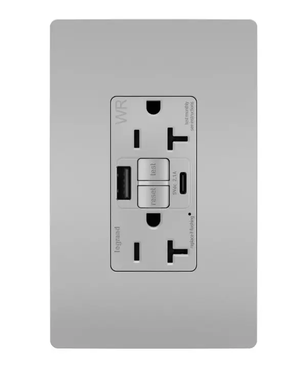 Enjoy superior safety and the convenience of built-in USB charging, in a first-of-its-kind outlet! Perfect for adding modern connectivity anywhere, including areas of the home where ground fault protection is required. Also including tamper and weather resistance, this model was designed for use on decks, patios, pool areas, and other outdoor spaces. Easily see and reset electrical trips right where they happen, while gaining two USB connections for keeping phones or tablets charged, no bulky adapter necessary.Made exclusively for use with screwless Wall Plates from the radiant Collection, sold separately. Collection: radiant Finish: Gray Width: 1.73" Height: 4.20" Length: 1.03" Weight: 0.30 lb Country of Origin: China