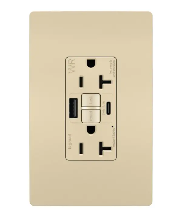 Enjoy superior safety and the convenience of built-in USB charging, in a first-of-its-kind outlet! Perfect for adding modern connectivity anywhere, including areas of the home where ground fault protection is required. Also including tamper and weather resistance, this model was designed for use on decks, patios, pool areas, and other outdoor spaces. Easily see and reset electrical trips right where they happen, while gaining two USB connections for keeping phones or tablets charged, no bulky adapter necessary.Made exclusively for use with screwless Wall Plates from the radiant Collection, sold separately. Collection: radiant Finish: Ivory Width: 1.73" Height: 4.20" Length: 1.03" Weight: 0.30 lb Country of Origin: China