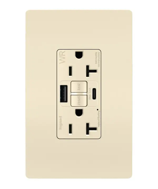 Enjoy superior safety and the convenience of built-in USB charging, in a first-of-its-kind outlet! Perfect for adding modern connectivity anywhere, including areas of the home where ground fault protection is required. Also including tamper and weather resistance, this model was designed for use on decks, patios, pool areas, and other outdoor spaces. Easily see and reset electrical trips right where they happen, while gaining two USB connections for keeping phones or tablets charged, no bulky adapter necessary.Made exclusively for use with screwless Wall Plates from the radiant Collection, sold separately. Collection: radiant Finish: Light Almond Width: 1.73" Height: 4.20" Length: 1.03" Weight: 0.30 lb Country of Origin: China