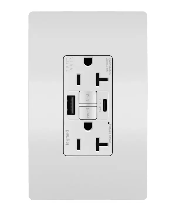 Enjoy superior safety and the convenience of built-in USB charging, in a first-of-its-kind outlet! Perfect for adding modern connectivity anywhere, including areas of the home where ground fault protection is required. Also including tamper and weather resistance, this model was designed for use on decks, patios, pool areas, and other outdoor spaces. Easily see and reset electrical trips right where they happen, while gaining two USB connections for keeping phones or tablets charged, no bulky adapter necessary.Made exclusively for use with screwless Wall Plates from the radiant Collection, sold separately. Collection: radiant Finish: White Width: 1.73" Height: 4.20" Length: 1.03" Weight: 0.30 lb Country of Origin: China