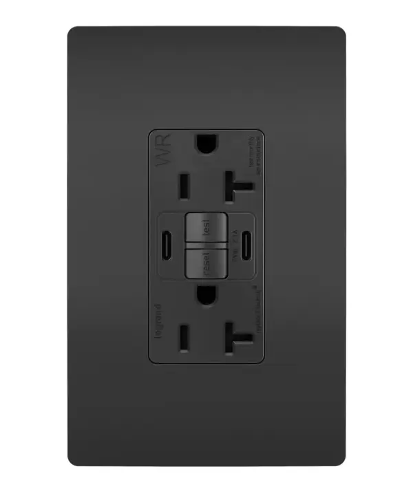 Enjoy superior safety and the convenience of built-in USB charging, in a first-of-its-kind outlet! Perfect for adding modern connectivity anywhere, including areas of the home where ground fault protection is required (kitchens, bathrooms, laundry rooms, etc). This outlet makes it easy to see and reset electrical trips right where they happen, while also providing two USB connections for keeping phones or tablets charged, no bulky adapter required. Made exclusively for use with screwless Wall Plates from the radiant Collection, sold separately. Collection: radiant Finish: Black Width: 1.73" Height: 4.20" Length: 1.03" Weight: 0.30 lb Country of Origin: China