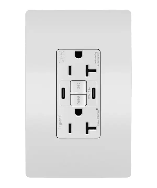 Enjoy superior safety and the convenience of built-in USB charging, in a first-of-its-kind outlet! Perfect for adding modern connectivity anywhere, including areas of the home where ground fault protection is required (kitchens, bathrooms, laundry rooms, etc). This outlet makes it easy to see and reset electrical trips right where they happen, while also providing two USB connections for keeping phones or tablets charged, no bulky adapter required. Made exclusively for use with screwless Wall Plates from the radiant Collection, sold separately. Collection: radiant Finish: White Width: 1.73" Height: 4.20" Length: 1.03" Weight: 0.30 lb Country of Origin: China