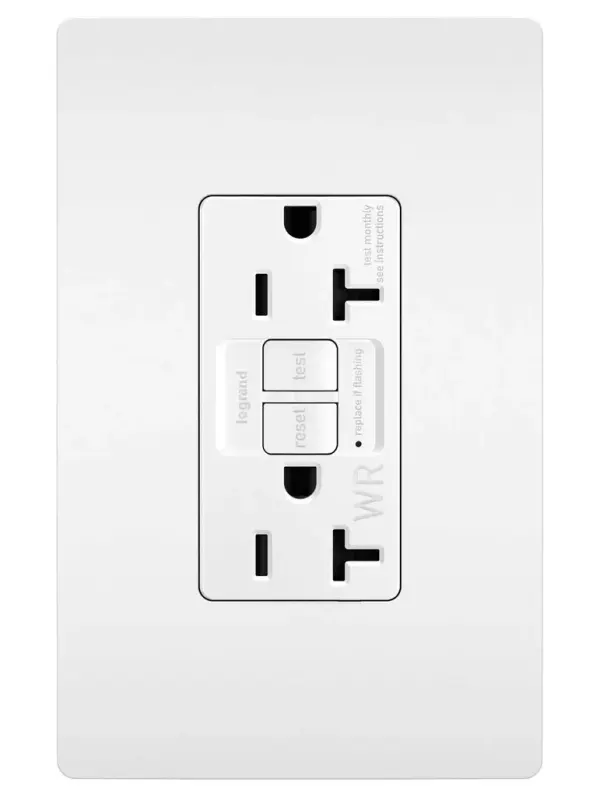 GFCI receptacles from the radiant Collection self-test automatically every three seconds to ensure reliable protection from shock due to ground fault occurrences. Meeting National Electrical Code requirements for ground fault protection, GFCI receptacles make it easier to recognize and fix trips right where they happen €" no more confusion at the breaker box. Also including tamper and weather resistance, this model was designed for use in outdoor spaces. Maximize safety, in style, with GFCI protection featuring the sleek, clean lines of radiant. 20A outlets are ideal for use with larger appliances and in commercial settings, as well as to meet regional requirements (Chicago, Canada).GFCI protection is required by code in bathrooms, kitchens, garages, basements, outdoor areas, and for any other outlets found within six feet of a sink or water source. GFCI outlets should always be used when replacing existing GFCI outlets during renovation.Made exclusively for use with screwless Wall Plates from the radiant Collection, sold separately. Spec-Grade devices are engineered to meet federal specifications for use in commercial installations. Collection: radiant Finish: White Width: 1.73" Height: 4.20" Length: 1.13" Weight: 0.25 lb Country of Origin: China