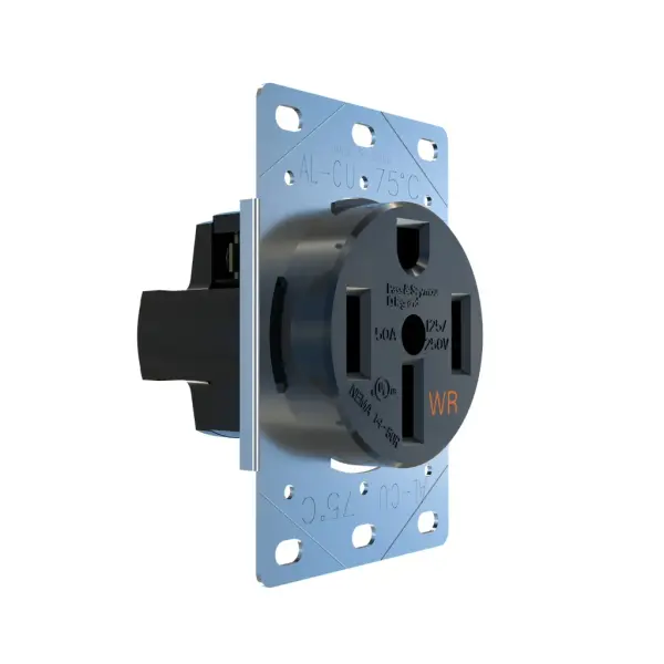 A durable solution for providing outdoor power access in camp grounds, RV parks and more. Rated for 50A and 125/250V, this single electrical outlet is perfect for use with RVs or travel trailers as well as powering outdoor Electrical Vehicle (EV) chargers. Features weather-resistance for code compliance and additional safety. Collection: radiant Width: 2.55" Height: 3.77" Country of Origin: China