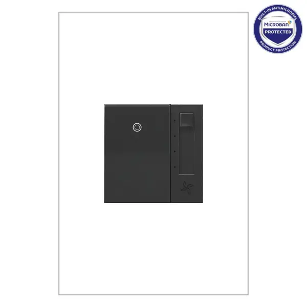 Upgrade your fan's speed control and stop using those clunky, hard-to-reach fan cords. Now you can adjust the speed of your ceiling fan quietly, and in style, thanks to the adorne Collection.This fan speed control switch features four speed settings and a sleek on/off switch. Use on its own to control a fan from one location, or pair with a 3-way switch and conveniently control a single fan from two locations.This switch features enduring Microban antimicrobial technology that works to reduce the growth of bacteria, around the clock, for the lifespan of the product. Existing inventory of switches, dimmers and plastic wall plates from the adorne Collection at some partner locations may not yet include Microban protection. To confirm that a specific Legrand product is protected with Microban, check that the exterior of the product packaging includes a green dot or a ""Protected with Microban"" label.Made exclusively for use with screwless Wall Plates from the adorne Collection, sold separately.No antimicrobial efficacy claims are being made or are valid with respect to products sold in Canada. Collection: adorne Finish: Graphite Width: 1.85" Height: 2.66" Length: 1.77" Weight: 0.25 lb Country of Origin: China