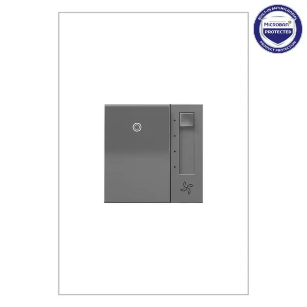 Upgrade your fan's speed control and stop using those clunky, hard-to-reach fan cords. Now you can adjust the speed of your ceiling fan quietly, and in style, thanks to the adorne Collection.This fan speed control switch features four speed settings and a sleek on/off switch. Use on its own to control a fan from one location, or pair with a 3-way switch and conveniently control a single fan from two locations.This switch features enduring Microban antimicrobial technology that works to reduce the growth of bacteria, around the clock, for the lifespan of the product. Existing inventory of switches, dimmers and plastic wall plates from the adorne Collection at some partner locations may not yet include Microban protection. To confirm that a specific Legrand product is protected with Microban, check that the exterior of the product packaging includes a green dot or a ""Protected with Microban"" label.Made exclusively for use with screwless Wall Plates from the adorne Collection, sold separately.No antimicrobial efficacy claims are being made or are valid with respect to products sold in Canada. Collection: adorne Finish: Magnesium Notes: Paddle Fan Spd Contr 3 Sd De-Hum 1.6 Width: 1.85" Height: 2.66" Length: 1.77" Weight: 0.25 lb Bulb Type: tbn Voltage: 120.00 V Material: Polycarbonate Country of Origin: China Switch: Paddle Manufacturer Warranty: Limited Lifetime