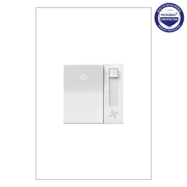 Upgrade your fan's speed control and stop using those clunky, hard-to-reach fan cords. Now you can adjust the speed of your ceiling fan quietly, and in style, thanks to the adorne Collection.This fan speed control switch features four speed settings and a sleek on/off switch. Use on its own to control a fan from one location, or pair with a 3-way switch and conveniently control a single fan from two locations.This switch features enduring Microban antimicrobial technology that works to reduce the growth of bacteria, around the clock, for the lifespan of the product. Existing inventory of switches, dimmers and plastic wall plates from the adorne Collection at some partner locations may not yet include Microban protection. To confirm that a specific Legrand product is protected with Microban, check that the exterior of the product packaging includes a green dot or a ""Protected with Microban"" label.Made exclusively for use with screwless Wall Plates from the adorne Collection, sold separately.No antimicrobial efficacy claims are being made or are valid with respect to products sold in Canada. Collection: adorne Finish: White Notes: Paddle Fan Spd Contr 3 Sd De-Hum 1 Width: 1.85" Height: 2.66" Length: 1.77" Weight: 0.25 lb Bulb Type: tbn Voltage: 120.00 V Material: Polycarbonate Country of Origin: China Switch: Paddle Manufacturer Warranty: Limited Lifetime