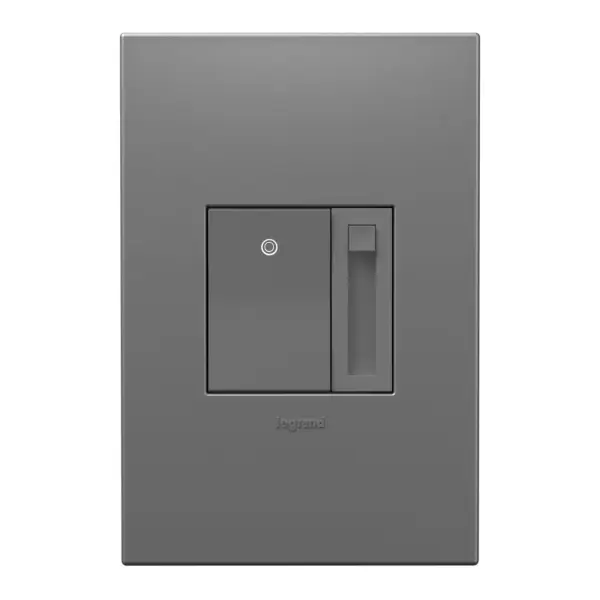 Upgrade your space with the Legrand LED dimmer switch in the adorne Collection. Designed specifically for flicker-free control of today's dimmable LED light bulbs and fixtures, this dimmer features advanced circuitry to offer a superior lighting control experience that works right out of the box. The dimmer switch boasts a variety of user adjustments to adapt to a wide range of dimmable LED lights, eliminating unpleasant flickering, pop-ons and more. As a part of the adorne Collection, the advanced dimmer for LED lights also features clean lines and smooth control for a sophisticated touch. Pair with a screwless adorne Wall Plate and other designer switches and outlets from the Collection for a cohesive design throughout the home. Made exclusively for use with screwless Wall Plates from the adorne Collection, sold separately. Not intended for use with 0-10V, Magnetic Low Voltage and Electronic Low Voltage Drivers. Collection: adorne Finish: Magnesium Width: 1.77" Height: 2.70" Length: 1.37" Country of Origin: China