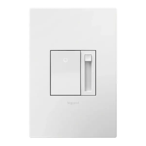 Upgrade your space with the Legrand LED dimmer switch in the adorne Collection. Designed specifically for flicker-free control of today's dimmable LED light bulbs and fixtures, this dimmer features advanced circuitry to offer a superior lighting control experience that works right out of the box. The dimmer switch boasts a variety of user adjustments to adapt to a wide range of dimmable LED lights, eliminating unpleasant flickering, pop-ons and more. As a part of the adorne Collection, the advanced dimmer for LED lights also features clean lines and smooth control for a sophisticated touch. Pair with a screwless adorne Wall Plate and other designer switches and outlets from the Collection for a cohesive design throughout the home. Made exclusively for use with screwless Wall Plates from the adorne Collection, sold separately. Not intended for use with 0-10V, Magnetic Low Voltage and Electronic Low Voltage Drivers. Collection: adorne Finish: White Width: 1.77" Height: 2.70" Length: 1.37" Country of Origin: China