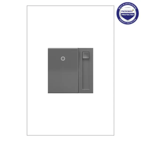 Perfect for anywhere you'd like the combined power of on/off and dimmable lighting control. Turn lights on or off with a simple rocking motion, or slide to dim to your preferred light level. Use this dimmer switch on its own to control a 0-10V light or fixture from a single location, or pair with a 3-way switch to control a single light source from two locations.This dimmer features enduring Microban antimicrobial technology that works to reduce the growth of bacteria, around the clock, for the lifespan of the product. Existing inventory of switches, dimmers and plastic wall plates from the adorne Collection at some partner locations may not yet include Microban protection. To confirm that a specific Legrand product is protected with Microban, check that the exterior of the product packaging includes a green dot or a ""Protected with Microban"" label.Made exclusively for use with screwless Wall Plates from the adorne Collection, sold separately.No antimicrobial efficacy claims are being made or are valid with respect to products sold in Canada. Collection: adorne Finish: Magnesium Width: 1.77" Height: 1.77" Length: 1.62" Weight: 0.38 lb Light Source: Fluorescent Material: Polycarbonate Country of Origin: China Switch: Paddle Manufacturer Warranty: Limited Lifetime