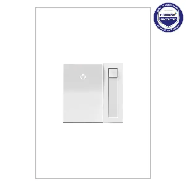 Perfect for anywhere you'd like the combined power of on/off and dimmable lighting control. Turn lights on or off with a simple rocking motion, or slide to dim to your preferred light level. Use this dimmer switch on its own to control a 0-10V light or fixture from a single location, or pair with a 3-way switch to control a single light source from two locations.This dimmer features enduring Microban antimicrobial technology that works to reduce the growth of bacteria, around the clock, for the lifespan of the product. Existing inventory of switches, dimmers and plastic wall plates from the adorne Collection at some partner locations may not yet include Microban protection. To confirm that a specific Legrand product is protected with Microban, check that the exterior of the product packaging includes a green dot or a ""Protected with Microban"" label.Made exclusively for use with screwless Wall Plates from the adorne Collection, sold separately.No antimicrobial efficacy claims are being made or are valid with respect to products sold in Canada. Collection: adorne Finish: White Width: 1.77" Height: 1.77" Length: 1.62" Weight: 0.38 lb Light Source: Fluorescent Material: Polycarbonate Country of Origin: China Switch: Paddle Manufacturer Warranty: Limited Lifetime