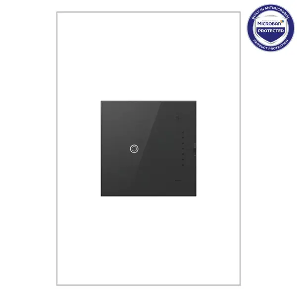 This dimmer switch from the adorne Collection features a translucent, glass-like face and operates with the simple touch of a finger on the center circle to turn lights on/off, or by using the + or - on the side to dim. In multi-gang installations, we recommend using the Touch-control modern light switches and dimmers together for consistency of control and aesthetic. A Tru-Universal Dimmer, this device self-calibrates to work with virtually any 120V dimmable bulb or fixture (excludes 0-10V).This dimmer features enduring Microban antimicrobial technology that works to reduce the growth of bacteria, around the clock, for the lifespan of the product. Existing inventory of switches, dimmers and plastic wall plates from the adorne Collection at some partner locations may not yet include Microban protection. To confirm that a specific Legrand product is protected with Microban, check that the exterior of the product packaging includes a green dot or a ""Protected with Microban"" label.Made exclusively for use with screwless Wall Plates from the adorne Collection, sold separately.No antimicrobial efficacy claims are being made or are valid with respect to products sold in Canada. Collection: adorne Finish: Graphite Width: 1.77" Height: 2.48" Length: 1.29" Weight: 0.25 lb Country of Origin: China