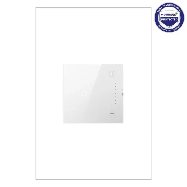 This dimmer switch from the adorne Collection features a translucent, glass-like face and operates with the simple touch of a finger on the center circle to turn lights on/off, or by using the + or - on the side to dim. In multi-gang installations, we recommend using the Touch-control modern light switches and dimmers together for consistency of control and aesthetic. A Tru-Universal Dimmer, this device self-calibrates to work with virtually any 120V dimmable bulb or fixture (excludes 0-10V).This dimmer features enduring Microban antimicrobial technology that works to reduce the growth of bacteria, around the clock, for the lifespan of the product. Existing inventory of switches, dimmers and plastic wall plates from the adorne Collection at some partner locations may not yet include Microban protection. To confirm that a specific Legrand product is protected with Microban, check that the exterior of the product packaging includes a green dot or a ""Protected with Microban"" label.Made exclusively for use with screwless Wall Plates from the adorne Collection, sold separately.No antimicrobial efficacy claims are being made or are valid with respect to products sold in Canada. Collection: adorne Finish: White Width: 1.77" Height: 2.48" Length: 1.29" Weight: 0.25 lb Light Source: CFL Voltage: 120.00 V Material: Polycarbonate Country of Origin: China Switch: Touch Manufacturer Warranty: Limited Lifetime