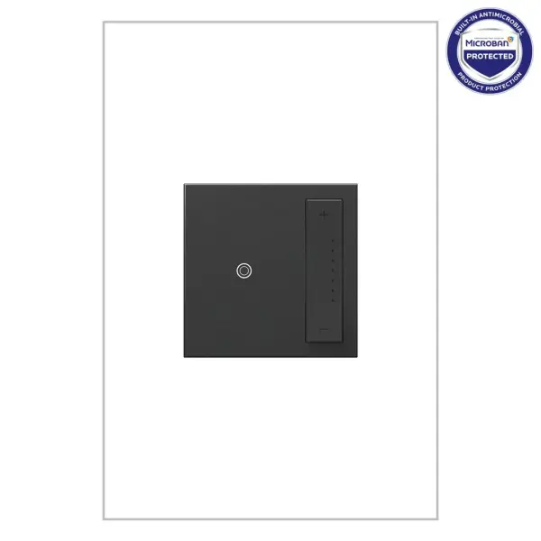 Turn lights on or off, or even dim them, with just a soft tap of a finger thanks to inventive micro-movement technology. Plus, as a Tru-Universal Dimmer, this dimmer switch self-calibrates to work with virtually any 120V dimmable bulb or fixture (excludes 0-10V). Always adjust to the precise light level you want, without the flicker.This dimmer features enduring Microban antimicrobial technology that works to reduce the growth of bacteria, around the clock, for the lifespan of the product. Existing inventory of switches, dimmers and plastic wall plates from the adorne Collection at some partner locations may not yet include Microban protection. To confirm that a specific Legrand product is protected with Microban, check that the exterior of the product packaging includes a green dot or a ""Protected with Microban"" label.Made exclusively for use with screwless Wall Plates from the adorne Collection, sold separately.No antimicrobial efficacy claims are being made or are valid with respect to products sold in Canada. Collection: adorne Finish: Graphite Width: 1.79" Height: 4.20" Length: 1.77" Weight: 0.40 lb Country of Origin: China
