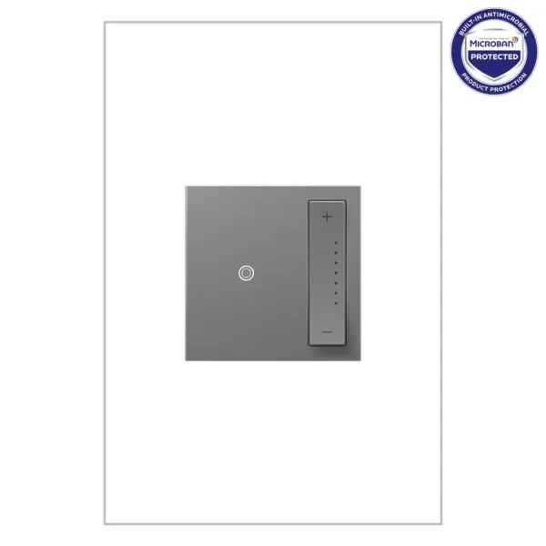 Turn lights on or off, or even dim them, with just a soft tap of a finger thanks to inventive micro-movement technology. Plus, as a Tru-Universal Dimmer, this dimmer switch self-calibrates to work with virtually any 120V dimmable bulb or fixture (excludes 0-10V). Always adjust to the precise light level you want, without the flicker.This dimmer features enduring Microban antimicrobial technology that works to reduce the growth of bacteria, around the clock, for the lifespan of the product. Existing inventory of switches, dimmers and plastic wall plates from the adorne Collection at some partner locations may not yet include Microban protection. To confirm that a specific Legrand product is protected with Microban, check that the exterior of the product packaging includes a green dot or a ""Protected with Microban"" label.Made exclusively for use with screwless Wall Plates from the adorne Collection, sold separately.No antimicrobial efficacy claims are being made or are valid with respect to products sold in Canada. Collection: adorne Finish: Magnesium Notes: Tap Dimmer 700W, Sp/3W(Tu=Incand) Width: 1.79" Height: 4.20" Length: 1.77" Weight: 0.39 lb Maximum Wattage: 700.00 W Light Source: CFL Voltage: 120.00 V Material: Polycarbonate Country of Origin: China Switch: SofTap Manufacturer Warranty: Limited Lifetime