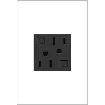 Add contemporary style, safely, to kitchens, bathrooms and more, with GFCI Outlets from the adorne Collection. Meeting Electrical Code for ground fault protection in the home, GFCI outlets make it easier to fix trips right where they happen €" no more confusion or running to the breaker box. The adorne GFCI Outlets also self-test automatically every three seconds to ensure reliable protection from shock due to ground fault occurrences. GFCI protection is required by code in bathrooms, kitchens, garages, basements, outdoor areas, and for any other outlets found within six feet of a sink or water source. GFCI outlets should always be used when replacing existing GFCI outlets during renovation.Made exclusively for use with screwless Wall Plates from the adorne Collection, sold separately. Collection: adorne Finish: Graphite Width: 1.82" Height: 2.66" Length: 1.77" Weight: 0.29 lb Voltage: 125.00 V Material: Polycarbonate Country of Origin: China Connection: Back Wire Manufacturer Warranty: Limited Lifetime