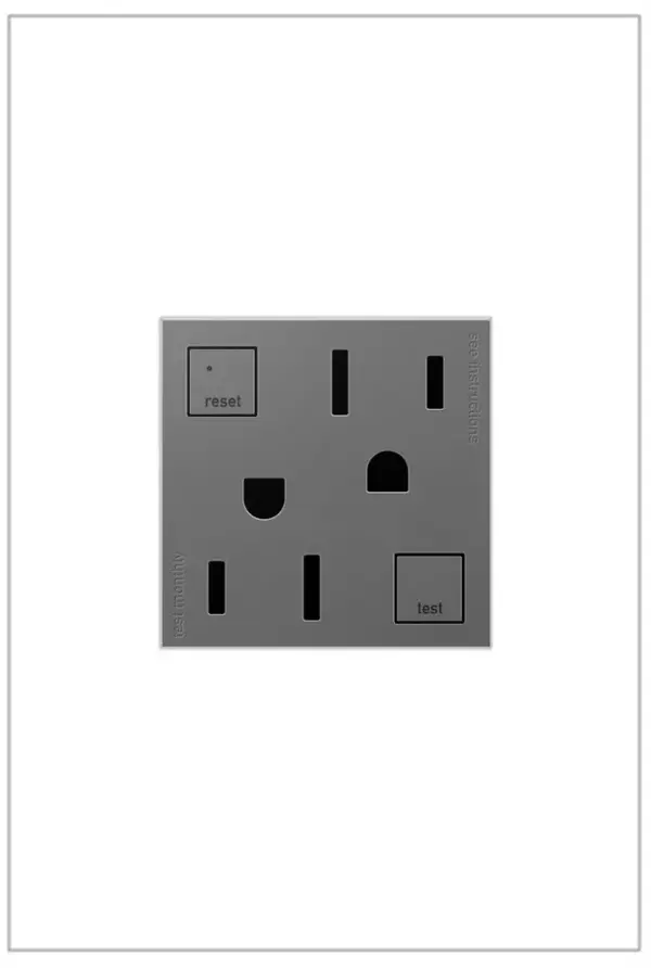 Add contemporary style, safely, to kitchens, bathrooms and more, with GFCI Outlets from the adorne Collection. Meeting Electrical Code for ground fault protection in the home, GFCI outlets make it easier to fix trips right where they happen €" no more confusion or running to the breaker box. The adorne GFCI Outlets also self-test automatically every three seconds to ensure reliable protection from shock due to ground fault occurrences. GFCI protection is required by code in bathrooms, kitchens, garages, basements, outdoor areas, and for any other outlets found within six feet of a sink or water source. GFCI outlets should always be used when replacing existing GFCI outlets during renovation.Made exclusively for use with screwless Wall Plates from the adorne Collection, sold separately. Collection: adorne Finish: Magnesium Width: 1.82" Height: 2.66" Length: 1.77" Weight: 0.29 lb Voltage: 125.00 V Material: Polycarbonate Country of Origin: China Connection: Back Wire Manufacturer Warranty: Limited Lifetime