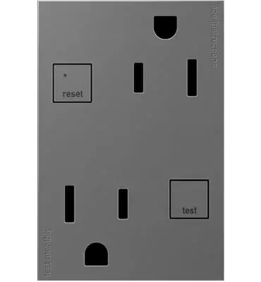 Add contemporary style, safely, to kitchens, bathrooms and more, with GFCI Outlets from the adorne Collection. Meeting Electrical Code for ground fault protection in the home, GFCI outlets make it easier to fix trips right where they happen €" no more confusion or running to the breaker box. The adorne GFCI Outlets also self-test automatically every three seconds to ensure reliable protection from shock due to ground fault occurrences. GFCI protection is required by code in bathrooms, kitchens, garages, basements, outdoor areas, and for any other outlets found within six feet of a sink or water source. GFCI outlets should always be used when replacing existing GFCI outlets during renovation.Made exclusively for use with screwless Wall Plates from the adorne Collection, sold separately. Collection: adorne Finish: Magnesium Width: 1.82" Height: 3.00" Length: 1.76" Weight: 0.30 lb Voltage: 125.00 V Material: Polycarbonate Country of Origin: China Connection: Back Wire Manufacturer Warranty: Limited Lifetime