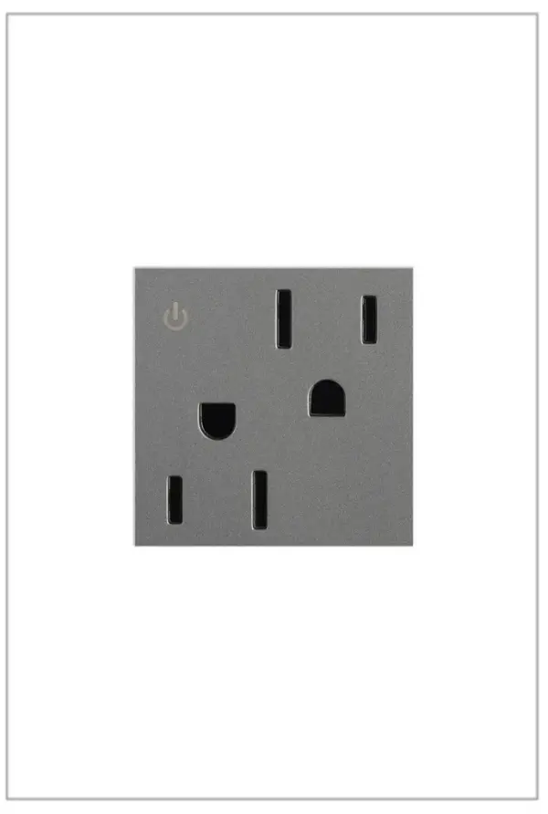 A modern upgrade for style, safety and energy management, this tamper-resistant, dual-controlled outlet from the adorne Collection installs easily in place of an existing outlet. Made exclusively for use with screwless Wall Plates from the adorne Collection, sold separately. Collection: adorne Finish: Magnesium Width: 1.77" Height: 2.12" Length: 1.73" Weight: 0.14 lb Voltage: 125.00 V Material: Polycarbonate Country of Origin: China Connection: Back Wire Manufacturer Warranty: Limited Lifetime