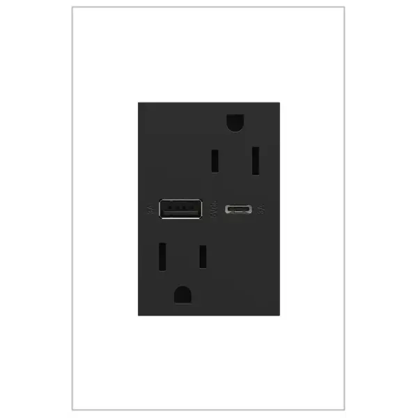 Charge phones, tablets and more up to 40% faster, with Ultra-Fast USB Outlets from the adorne Collection. Made to deliver a leading 6 amps of power, it features two built-in USB connections, including one to fit USB Type-C devices, and provides a fast, future-proof solution for convenient in-wall charging without an adapter. Easily replacing traditional outlets in as little as ten minutes, this Ultra-Fast USB Outlet transforms your space with modern functionality and the unique, contemporary aesthetic of adorne. Made exclusively for use with screwless Wall Plates from the adorne Collection, sold separately. Collection: adorne Finish: Graphite Width: 2.50" Height: 3.00" Length: 1.77" Weight: 0.20 lb Voltage: 125.00 V Material: Polycarbonate Country of Origin: China Manufacturer Warranty: Limited Lifetime