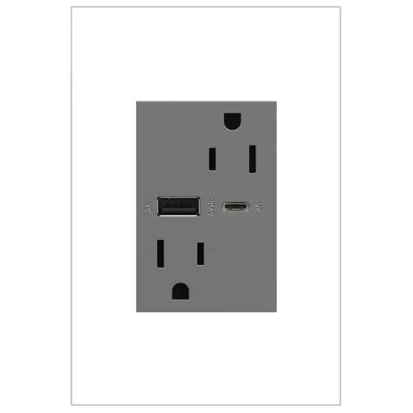 Charge phones, tablets and more up to 40% faster, with Ultra-Fast USB Outlets from the adorne Collection. Made to deliver a leading 6 amps of power, it features two built-in USB connections, including one to fit USB Type-C devices, and provides a fast, future-proof solution for convenient in-wall charging without an adapter. Easily replacing traditional outlets in as little as ten minutes, this Ultra-Fast USB Outlet transforms your space with modern functionality and the unique, contemporary aesthetic of adorne. Made exclusively for use with screwless Wall Plates from the adorne Collection, sold separately. Collection: adorne Finish: Magnesium Width: 2.50" Height: 3.00" Length: 1.77" Weight: 0.20 lb Voltage: 125.00 V Material: Polycarbonate Country of Origin: China Manufacturer Warranty: Limited Lifetime