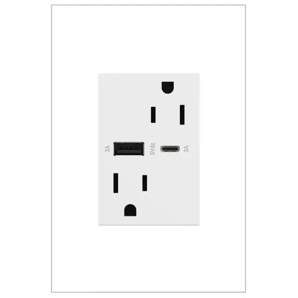 Charge phones, tablets and more up to 40% faster, with Ultra-Fast USB Outlets from the adorne Collection. Made to deliver a leading 6 amps of power, it features two built-in USB connections, including one to fit USB Type-C devices, and provides a fast, future-proof solution for convenient in-wall charging without an adapter. Easily replacing traditional outlets in as little as ten minutes, this Ultra-Fast USB Outlet transforms your space with modern functionality and the unique, contemporary aesthetic of adorne. Made exclusively for use with screwless Wall Plates from the adorne Collection, sold separately. Collection: adorne Finish: White Width: 2.50" Height: 3.00" Length: 1.77" Weight: 0.20 lb Voltage: 125.00 V Material: Polycarbonate Country of Origin: China Manufacturer Warranty: Limited Lifetime
