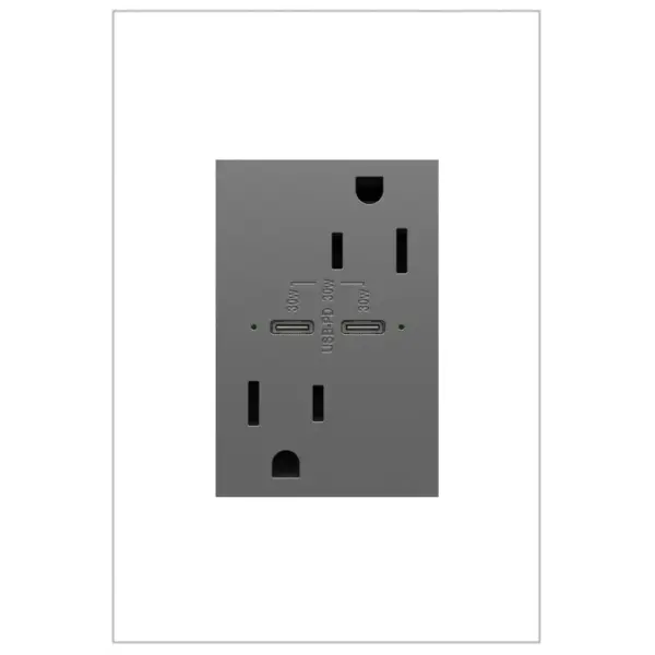 Charge phones, tablets and more up to 40% faster, with Ultra-Fast USB Outlets from the adorne Collection. Made to deliver a leading 6 amps of power, it provides a fast, future-proof solution for convenient in-wall charging without an adapter. Easily replacing traditional outlets in as little as ten minutes, this Ultra-Fast USB Outlet transforms your space with modern functionality and the unique, contemporary aesthetic of adorne. Made exclusively for use with screwless Wall Plates from the adorne Collection, sold separately. Collection: adorne Finish: Magnesium Width: 2.50" Height: 3.00" Length: 1.77" Weight: 0.20 lb Material: Polycarbonate Country of Origin: China Manufacturer Warranty: Limited Lifetime